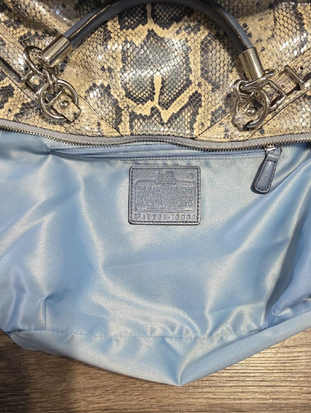 Coach Blue and Cream Snake-Print Leather Satchel with Silver Hardware - Picture 5 of 11